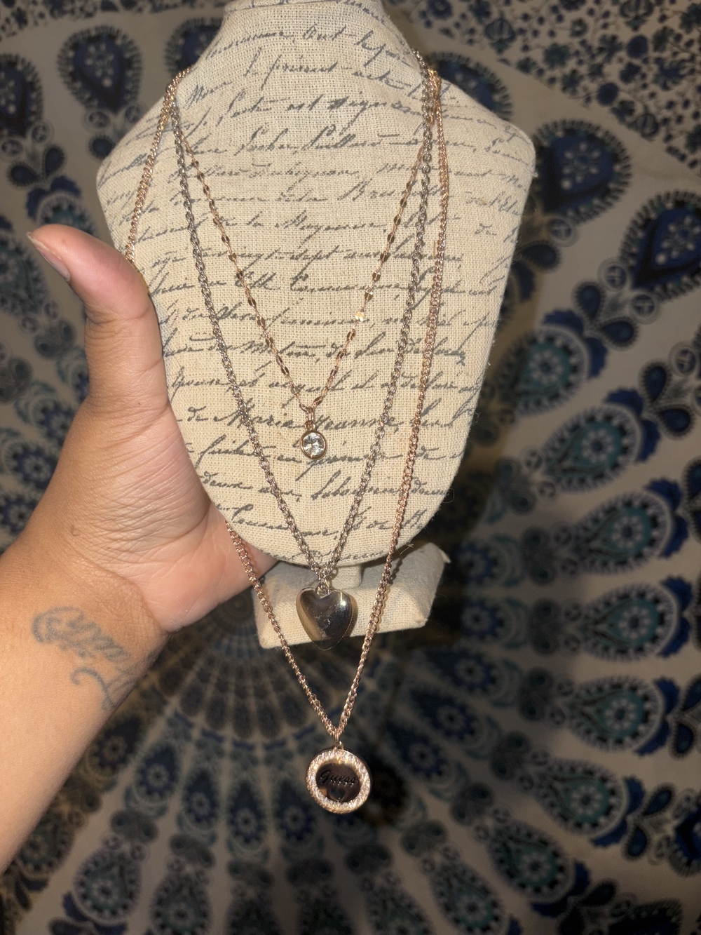 Guess Rose Gold Layered Heart & Circle Pendant Necklace